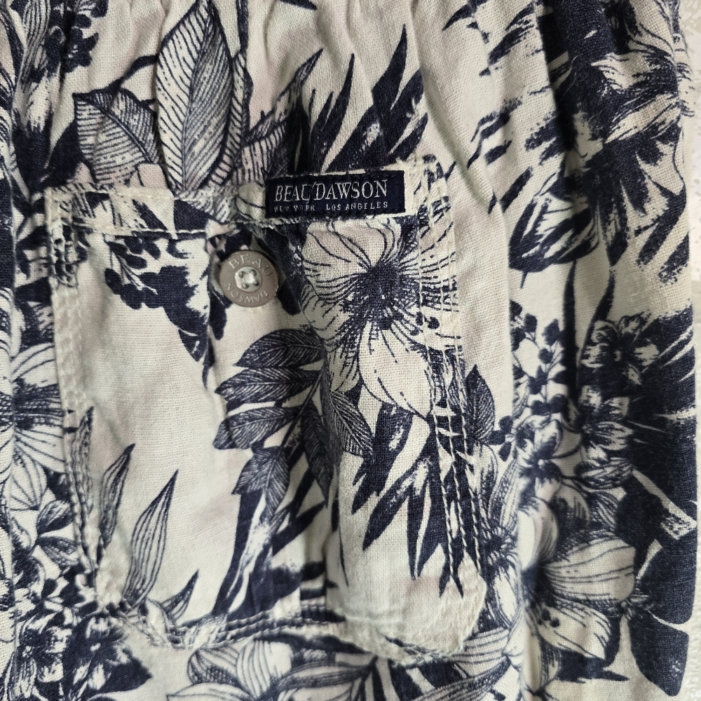 Linen Capri Short Pants White Blue Tropical Print Stretch Waist by Beau Dawson M - Picture 5 of 7